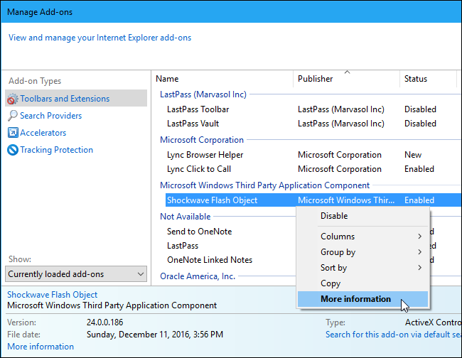Окно Управления надстройками в Internet Explorer с выделенным Shockwave Flash Object
