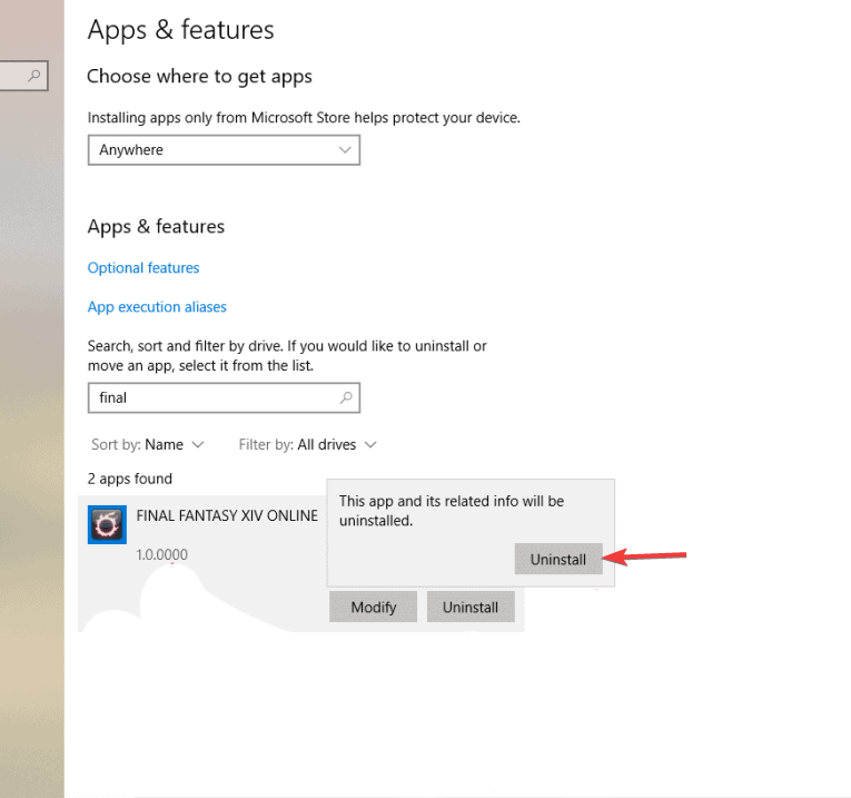 Процесс удаления FINAL FANTASY XIV через интерфейс Windows