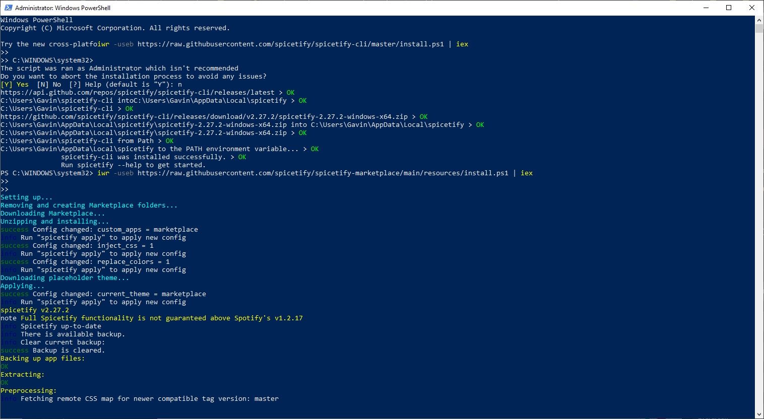 Spicetify command line installation in powershell on windows