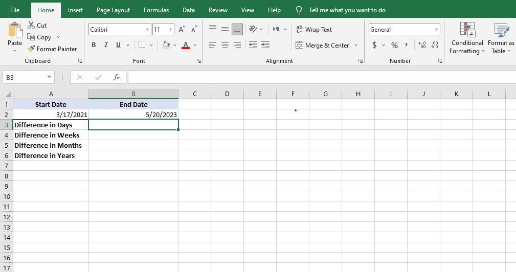Таблица Excel с двумя датами для расчёта разницы