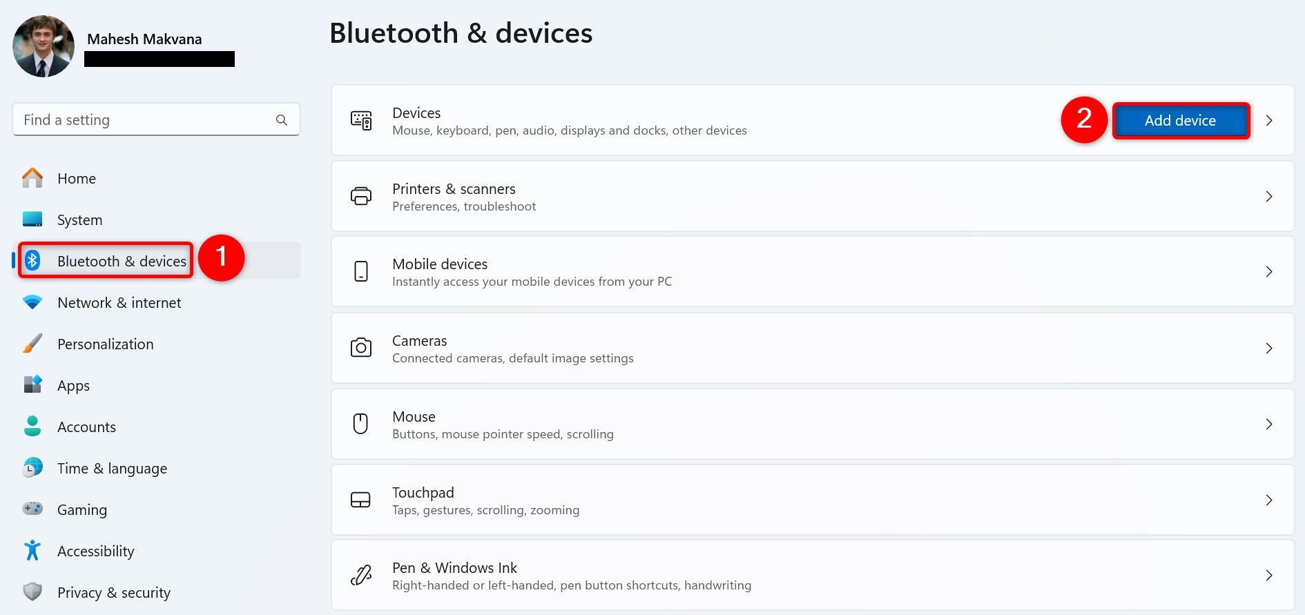 «Bluetooth и устройства» и «Добавить устройство» выделены в Параметрах Windows 11.