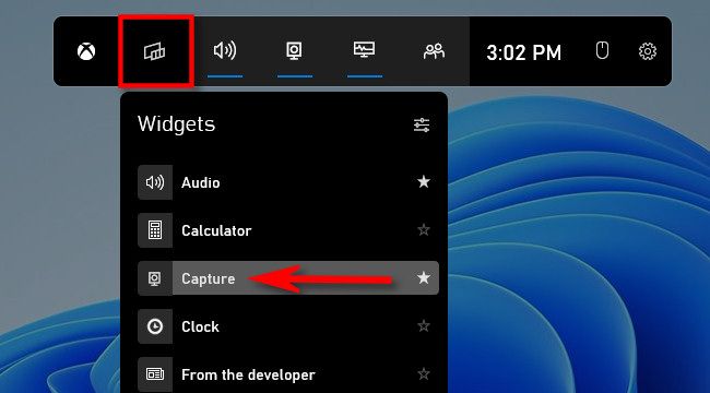Откройте Widgets, затем выберите Capture в Xbox Game Bar