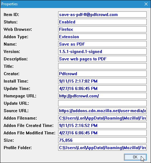 Диалог свойств с информацией об расширении