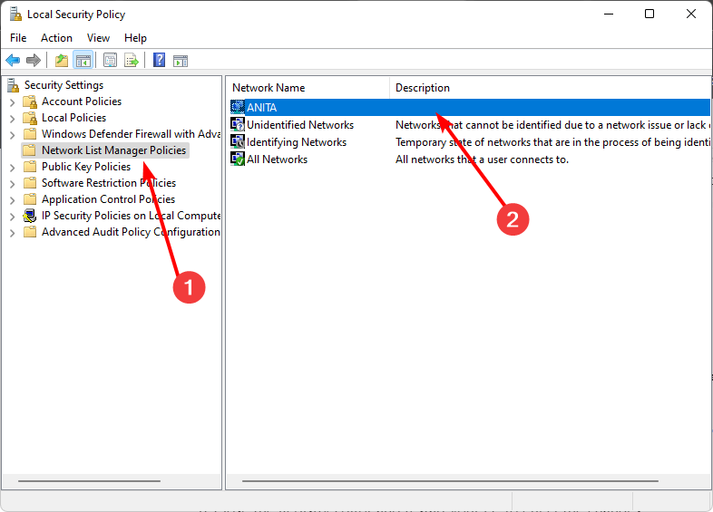 Диалог свойств сети в Локальной политике безопасности