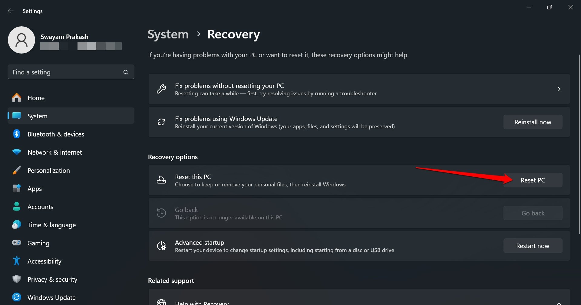 Кнопка сброса ПК в Windows 11
