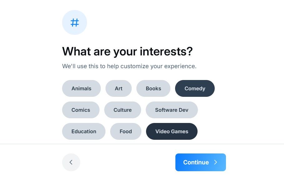 Выбор тем и интересов для персонализации ленты в Bluesky.