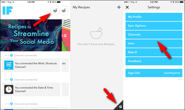 Скриншот меню приложения IFTTT с иконкой ступки