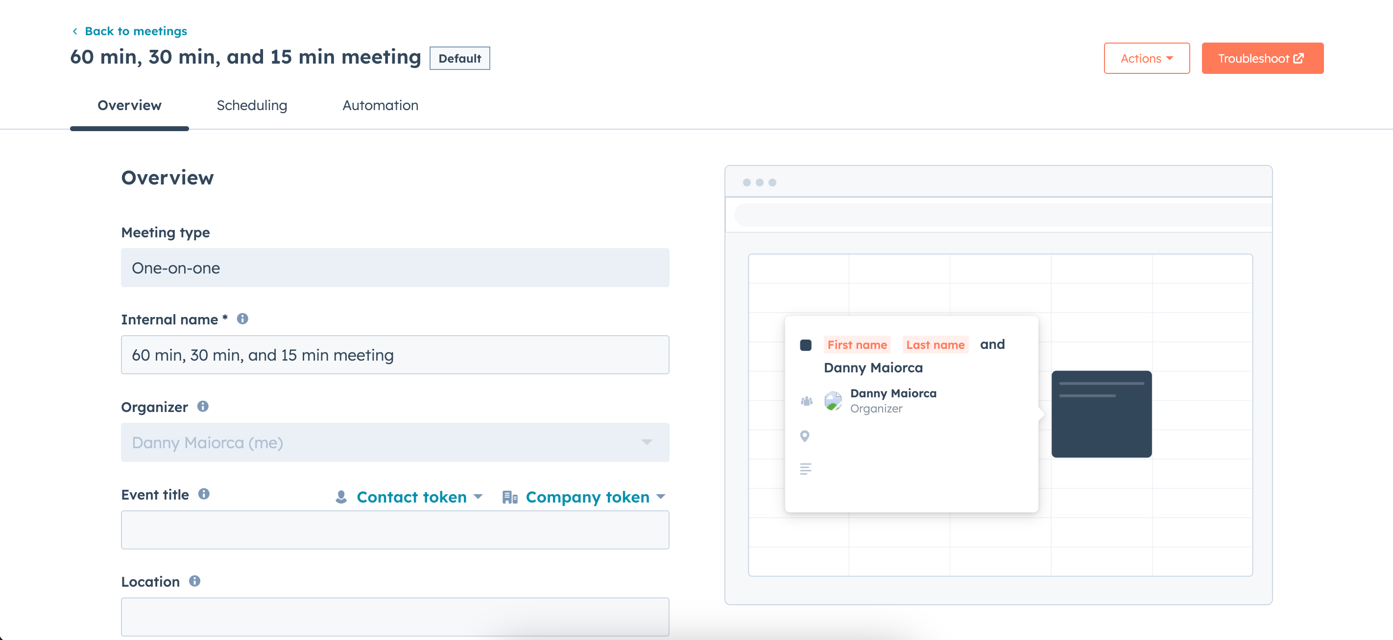 Вкладка Overview в HubSpot Meeting Scheduler