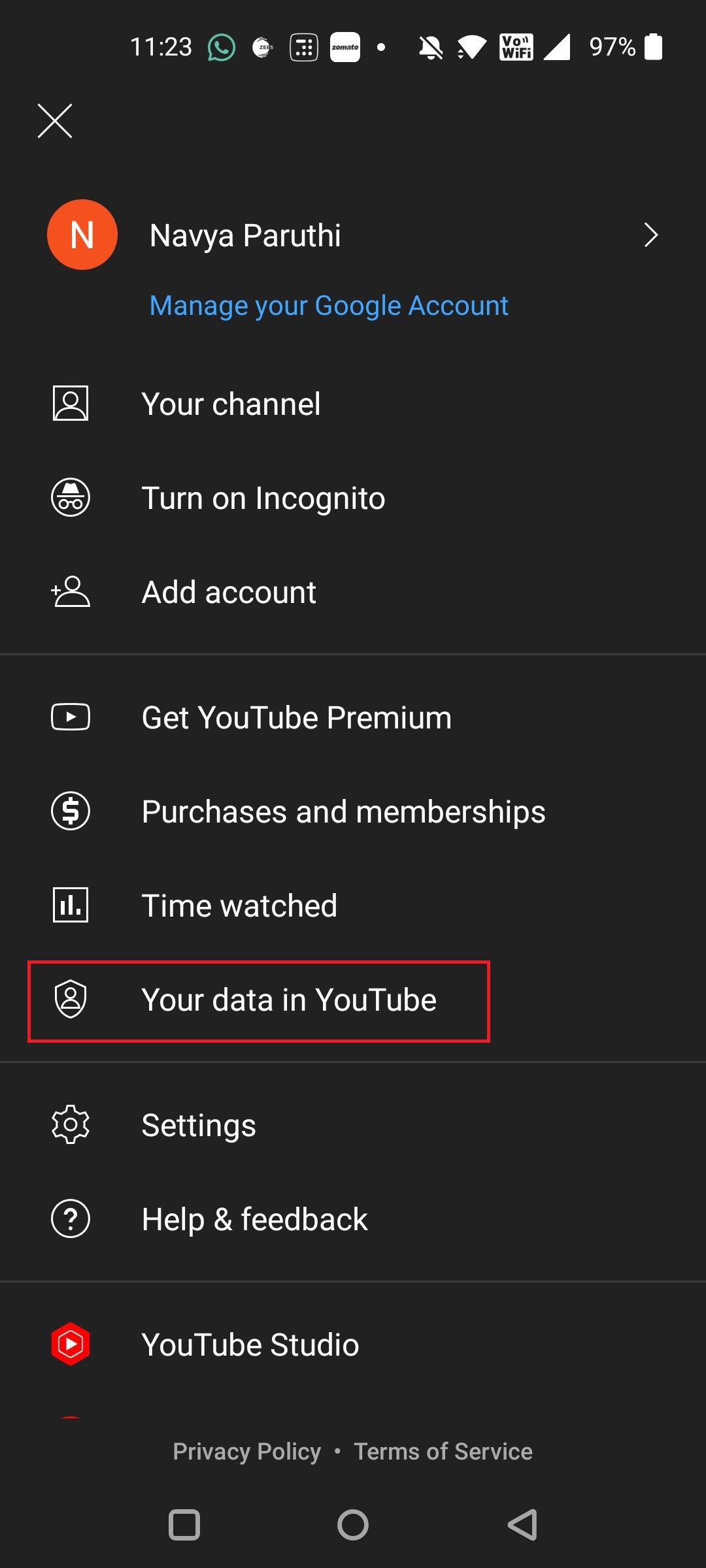 Нажмите «Ваши данные в YouTube» в профиле