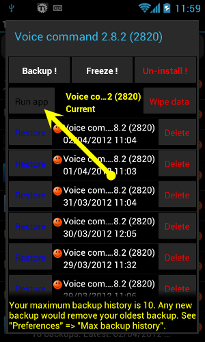 Кнопка Run app в Titanium Backup