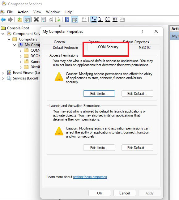 Окно свойств My Computer → COM Security