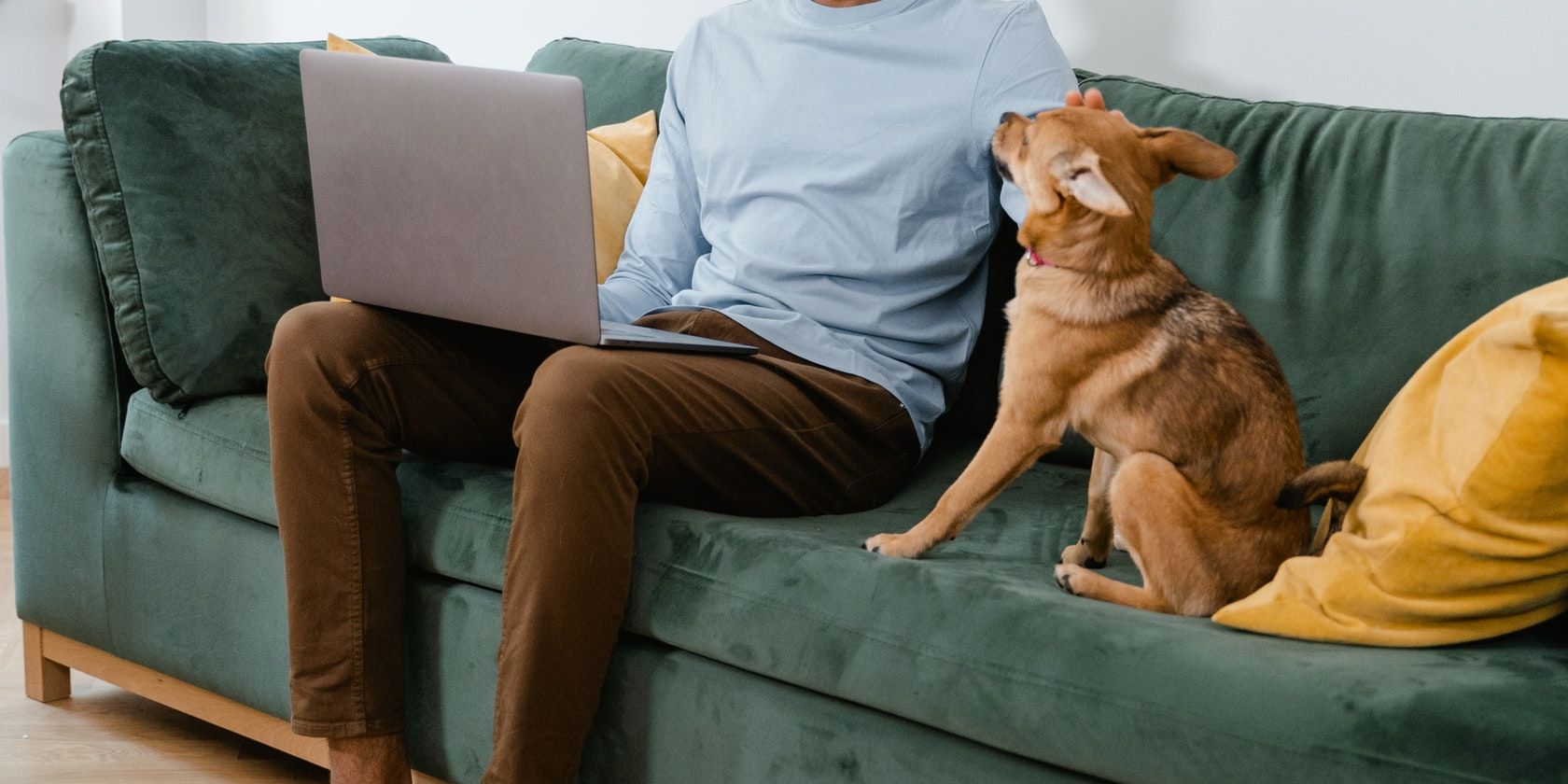 Мужчина сидит на диване и работает на ноутбуке