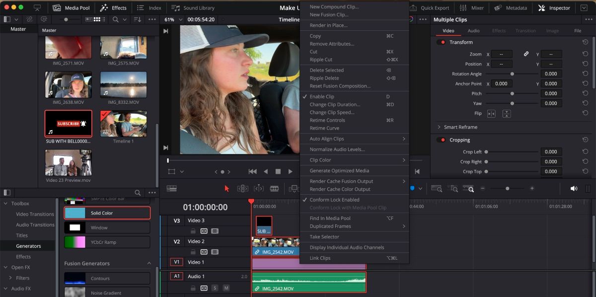 Меню создания нового Compound Clip в DaVinci Resolve