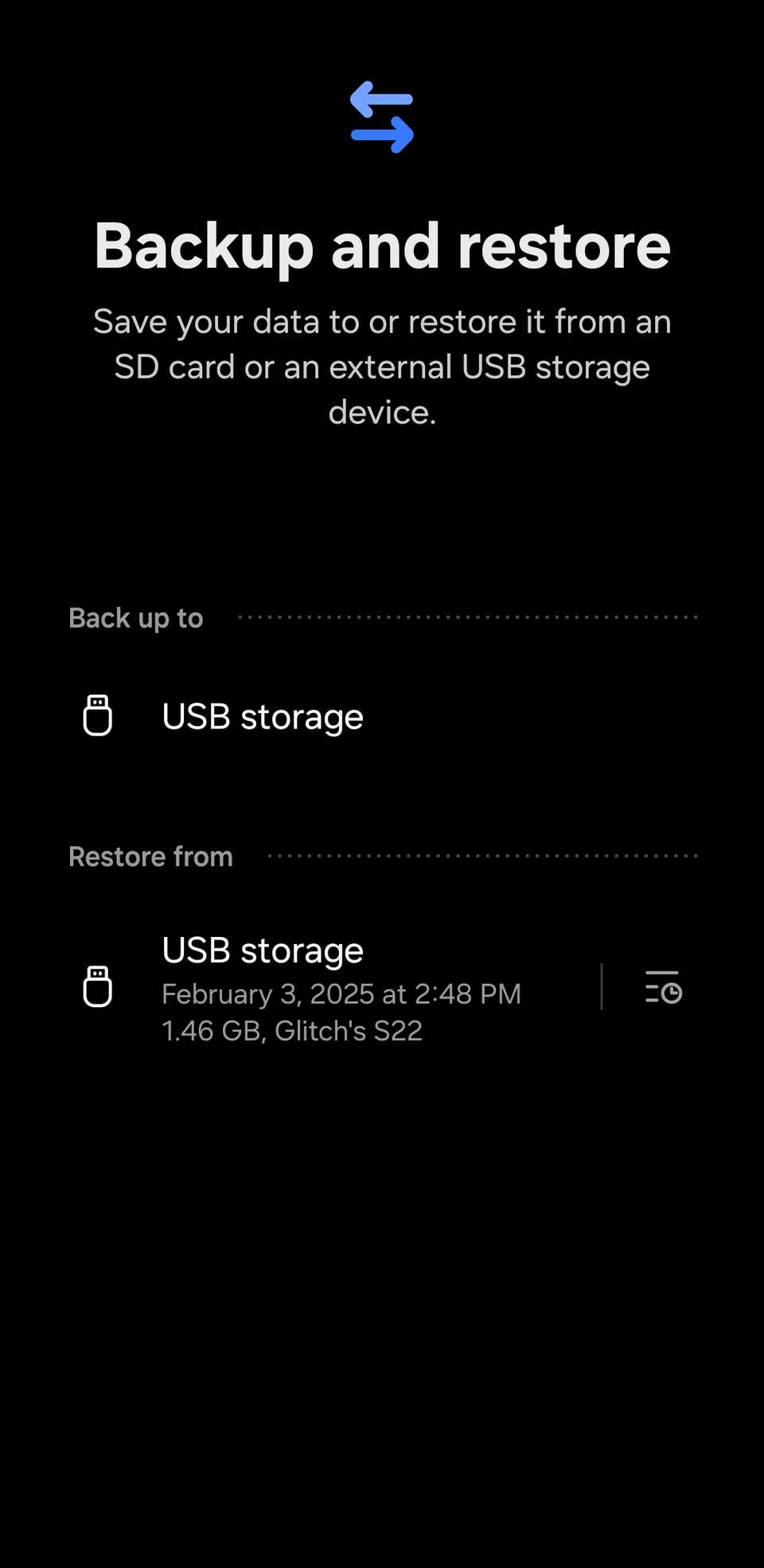 Backup and restore menu in Smart Switch app on phone