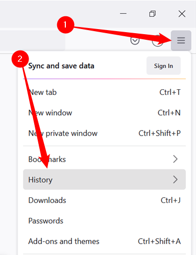 Откройте меню «History» и выберите нужную закрытую вкладку.