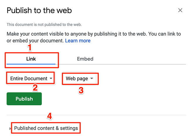 Настройте параметры публикации таблицы в Google Sheets