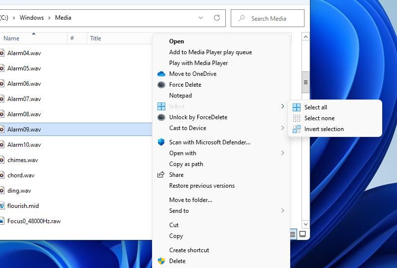 Опция «Выделить ничего» в меню
