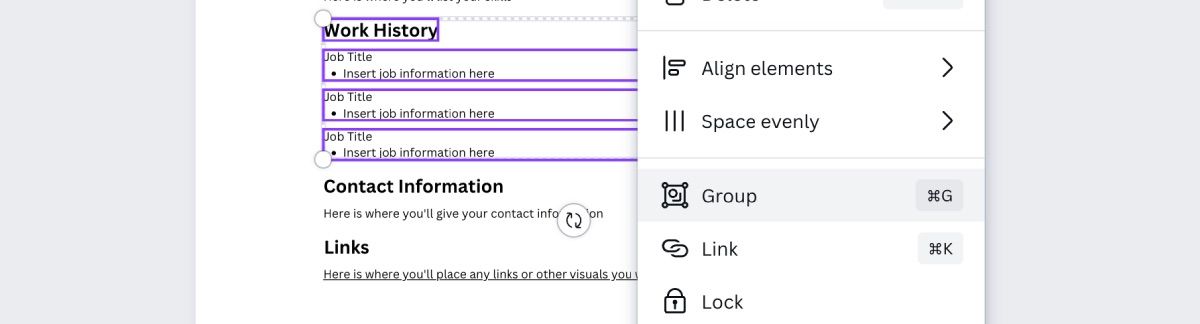 Several text elements highlighted next to the menu option for grouping