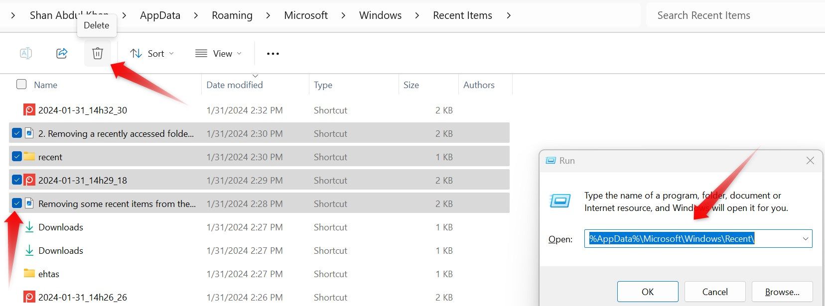 Удаление конкретных файлов из папки Recent в Windows.