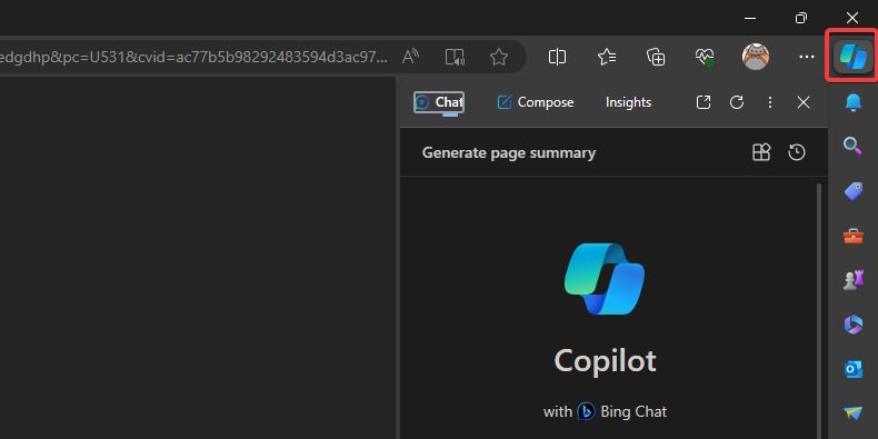 Значок Copilot на боковой панели Microsoft Edge