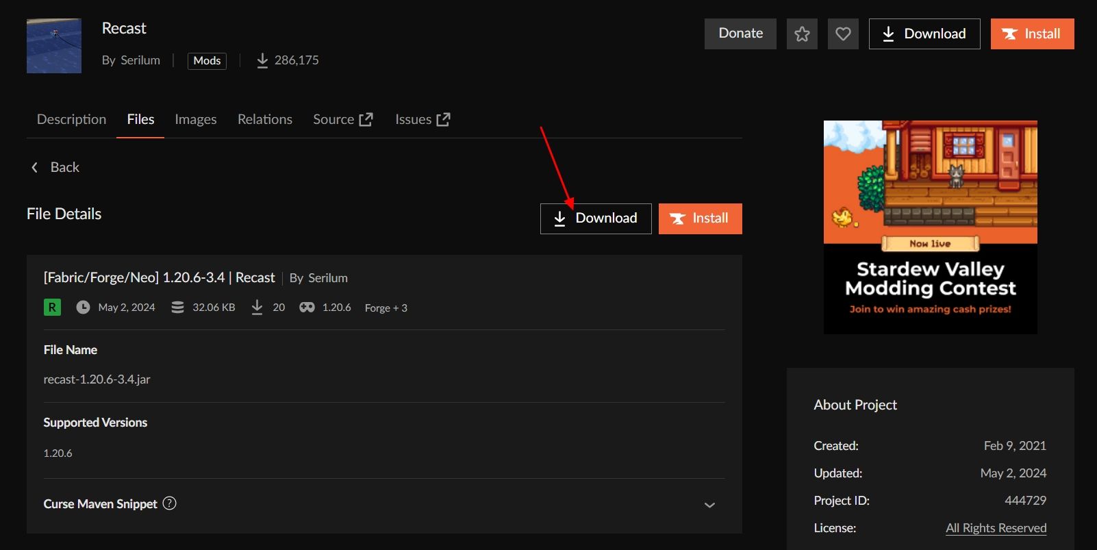 Кнопка Download на страницах CurseForge.