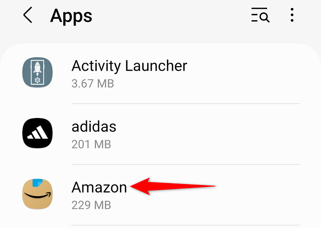 Выберите приложение в списке настроек