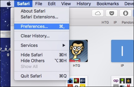 Окно меню Safari с пунктом «Настройки»