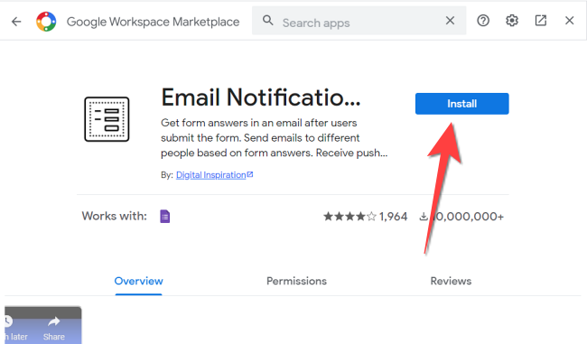 Кнопка Установить для дополнения Email Notifications for Forms