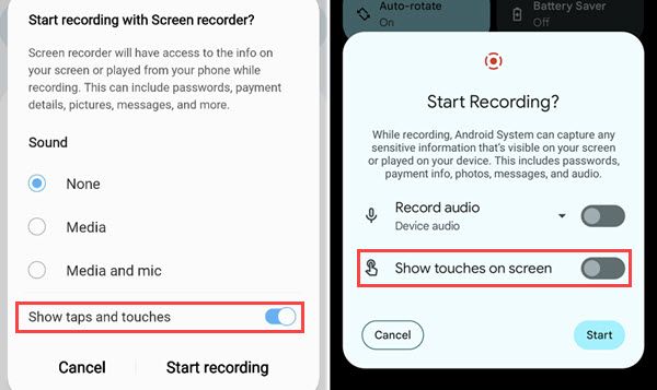 Параметр «Показывать касания» для записи рабочих действий на экране.