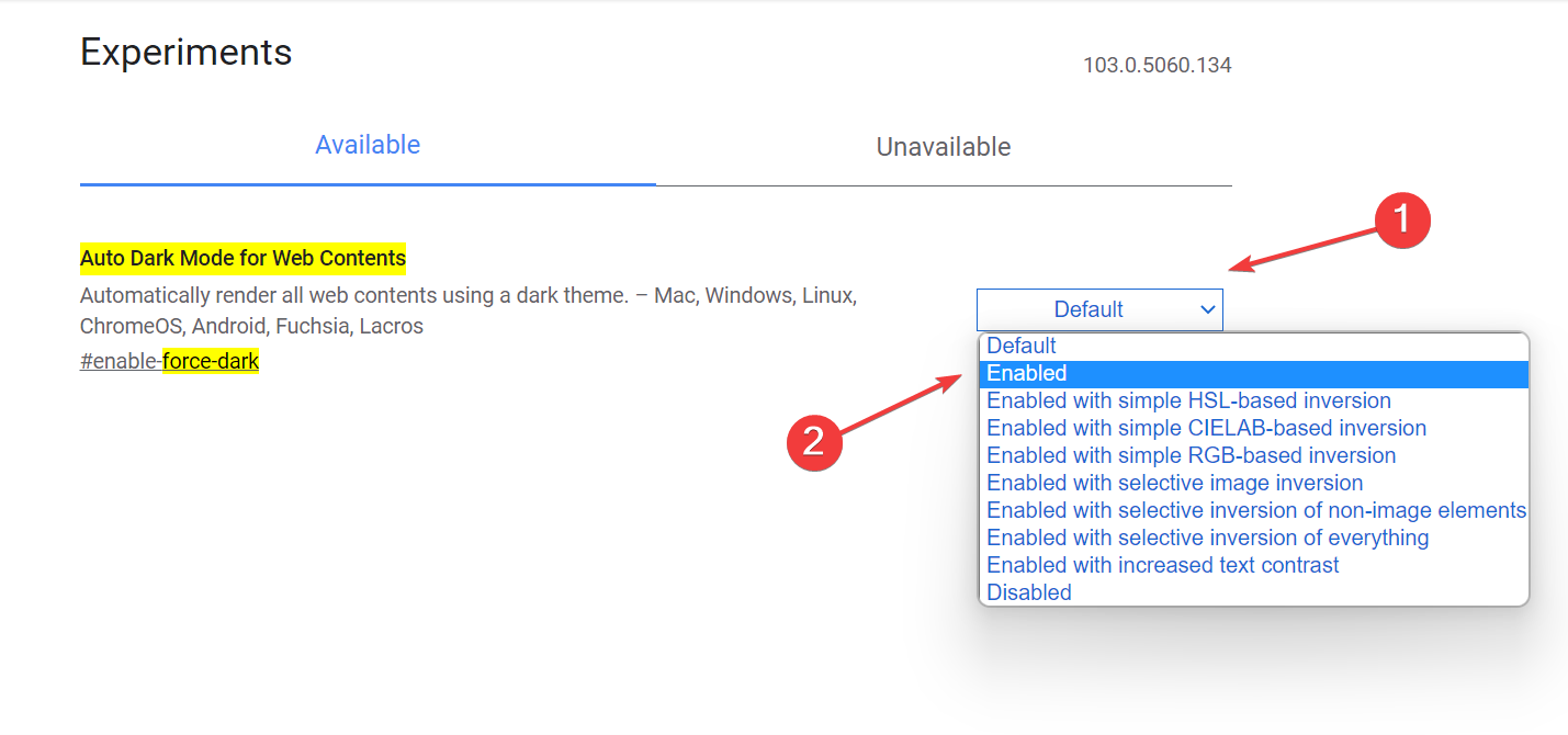Включенный флаг для тёмного режима Google Docs