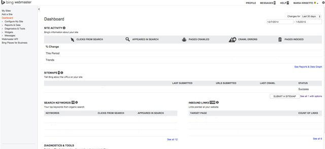 Панель Bing с детализированной аналитикой сайта и инструментами