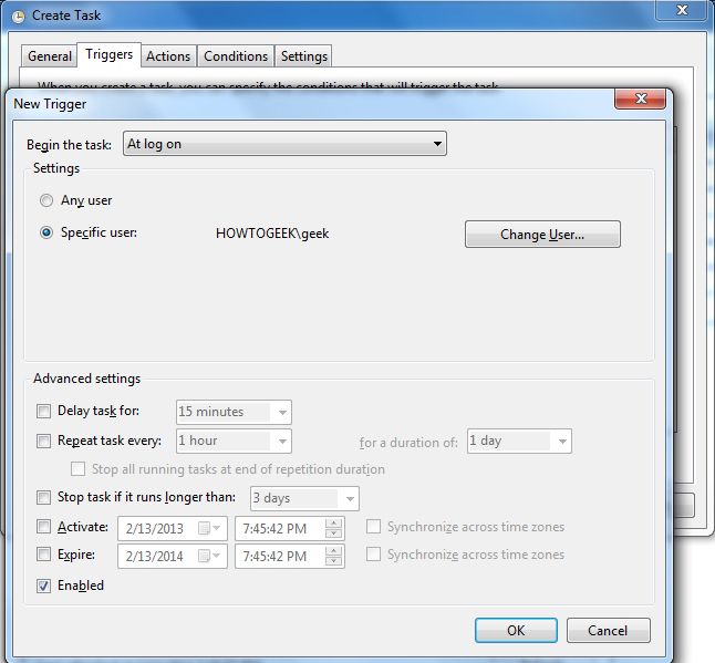 Настройка триггера задачи