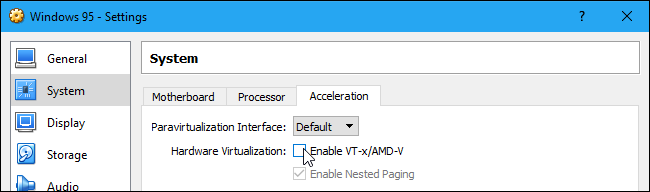 Отключение аппаратной виртуализации в свойствах VM