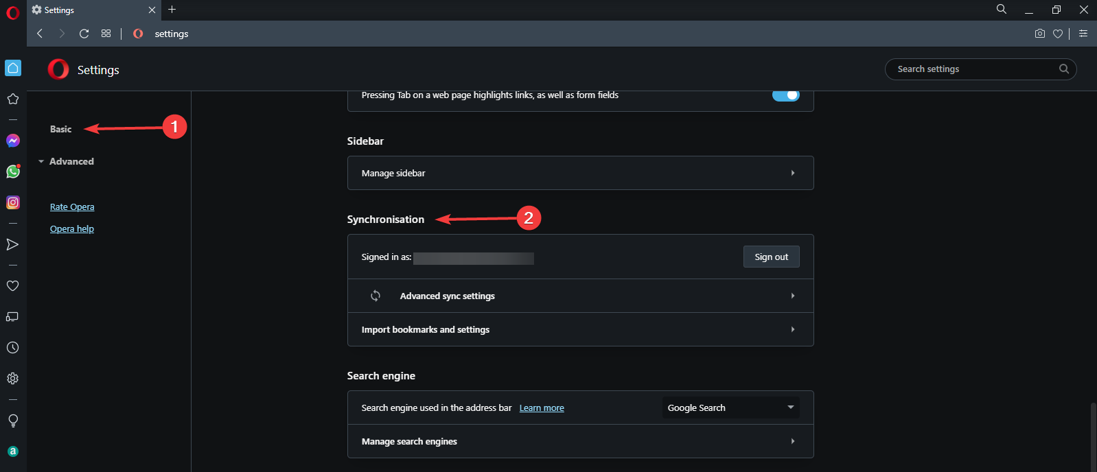 Скриншот: вкладка Синхронизация в настройках Opera
