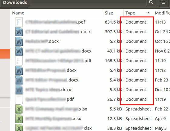 Arquivos .docx e .pdf agrupados como 'Document' no Nautilus