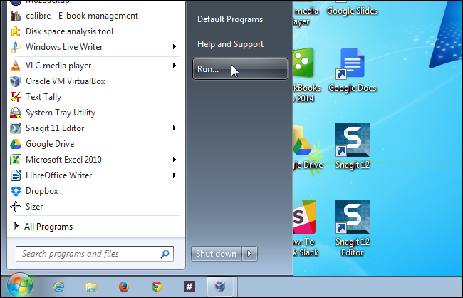 Запуск диалога Выполнить из меню Пуск Windows 7