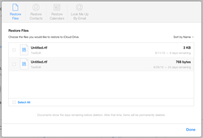 Интерфейс опций восстановления в настройках iCloud: ссылки «Восстановить файлы», «Восстановить контакты» и «Восстановить календари и напоминания»