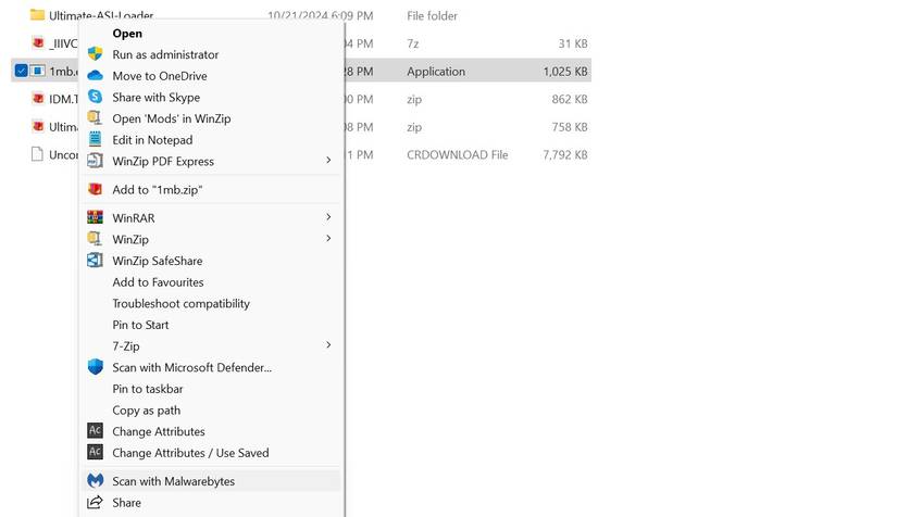 Сканирование файла с помощью Malwarebytes.