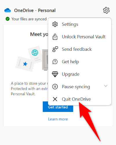Кнопка Закрыть OneDrive в меню