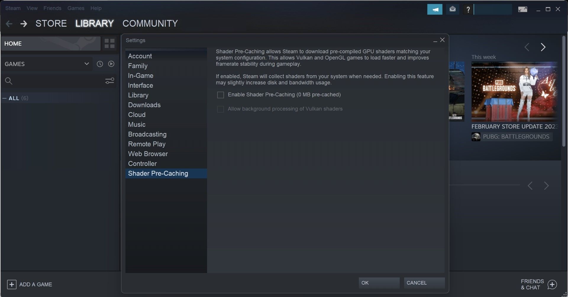 Снимите галочку «Включить предварительное кеширование шейдеров» в Steam