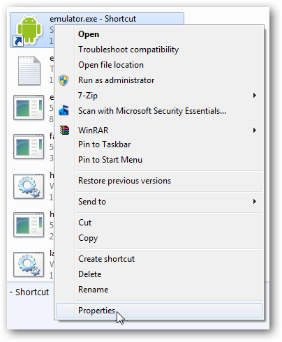 Изменение свойств ярлыка: указание имени AVD в Target