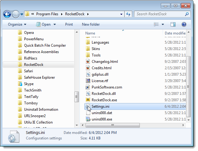 Файл Settings.ini в папке RocketDock после включения портативного режима