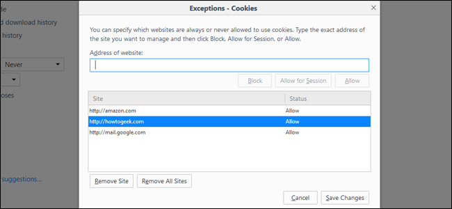 Окно Исключений в Firefox