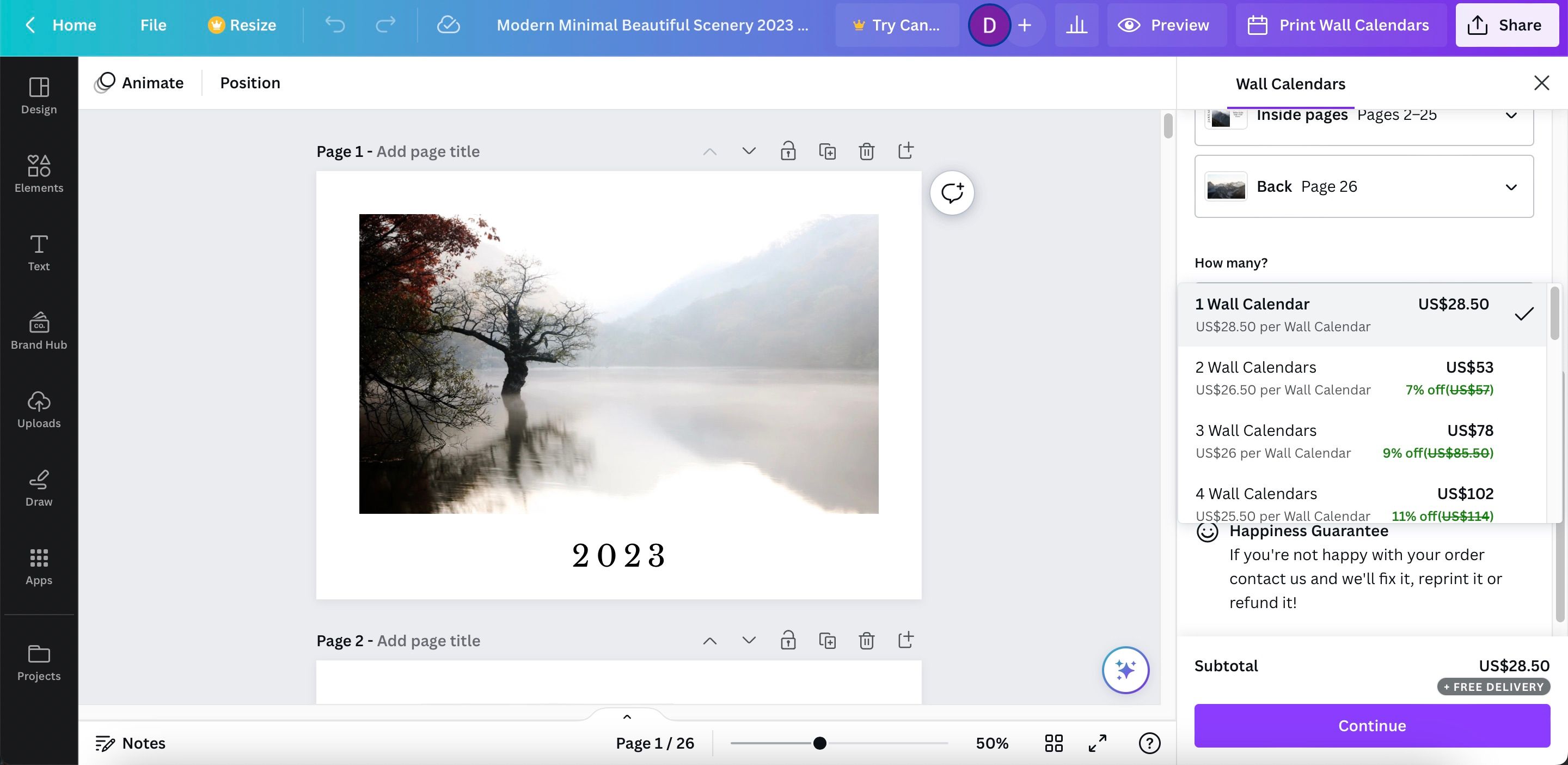 Выбор количества календарей для заказа в Canva