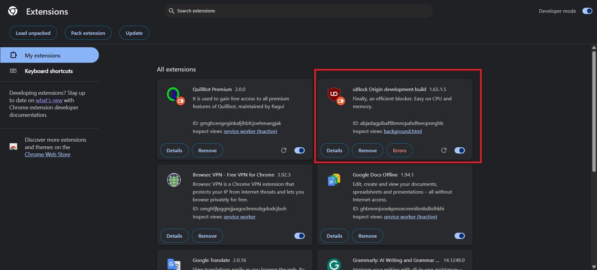 интерфейс uBlock Origin в Chrome