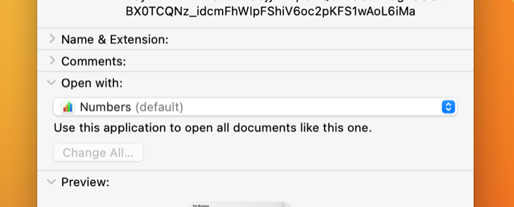 Окно «Get Info»: раздел 'Open with:' показывает текущее приложение