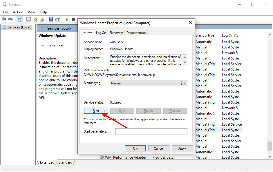 Кнопка Start службы