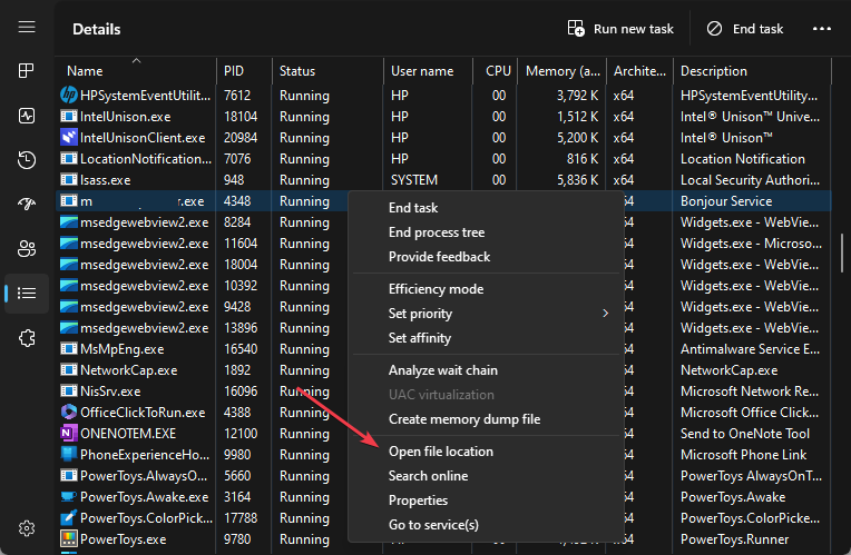 Скриншот меню в Диспетчере задач с пунктом Открыть расположение файла