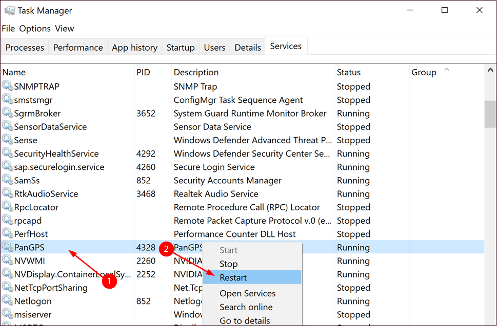 Вкладка Службы в Диспетчере задач с выделенной службой PanGPS