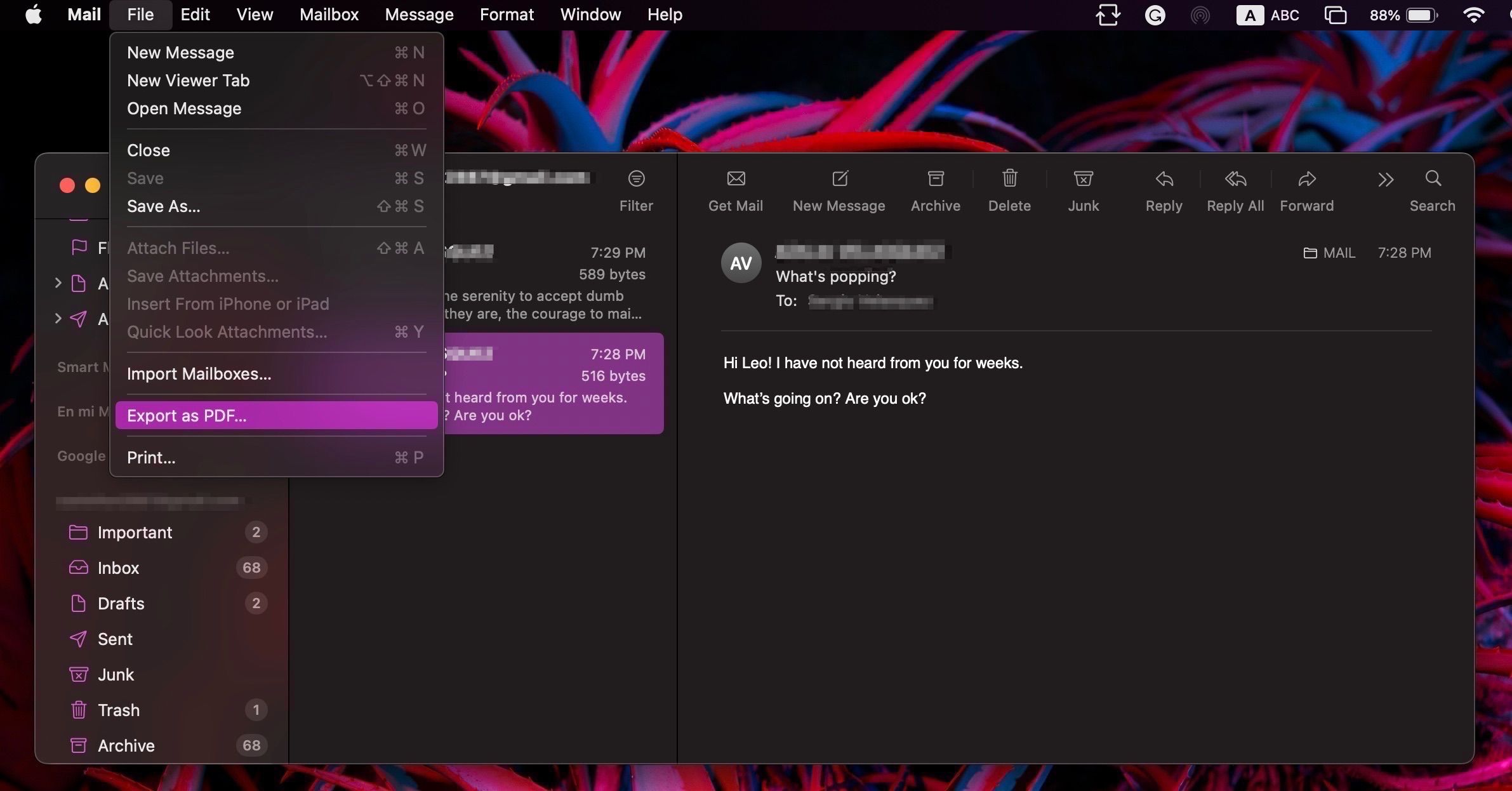 Выбор письма для экспорта в PDF в приложении Почта